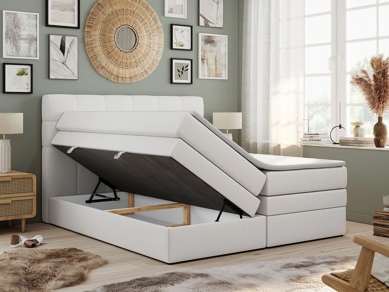 Boxspringbett LUKA KING, mit gestepptem Kopfteil, zwei Bettkästen, Multipocket-Matratze und Topper - 120x200 cm - H3 - Weiß Kunstleder