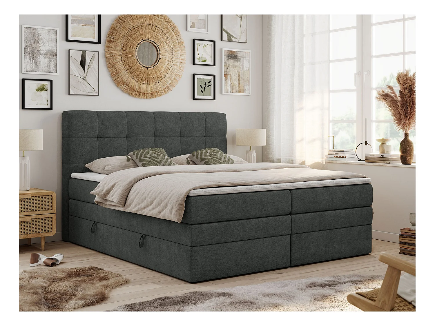 Boxspringbett LUKA KING, mit gestepptem Kopfteil, zwei Bettkästen, Multipocket-Matratze und Topper - 200x200 cm - H3 - Dunkelgrau Strukture