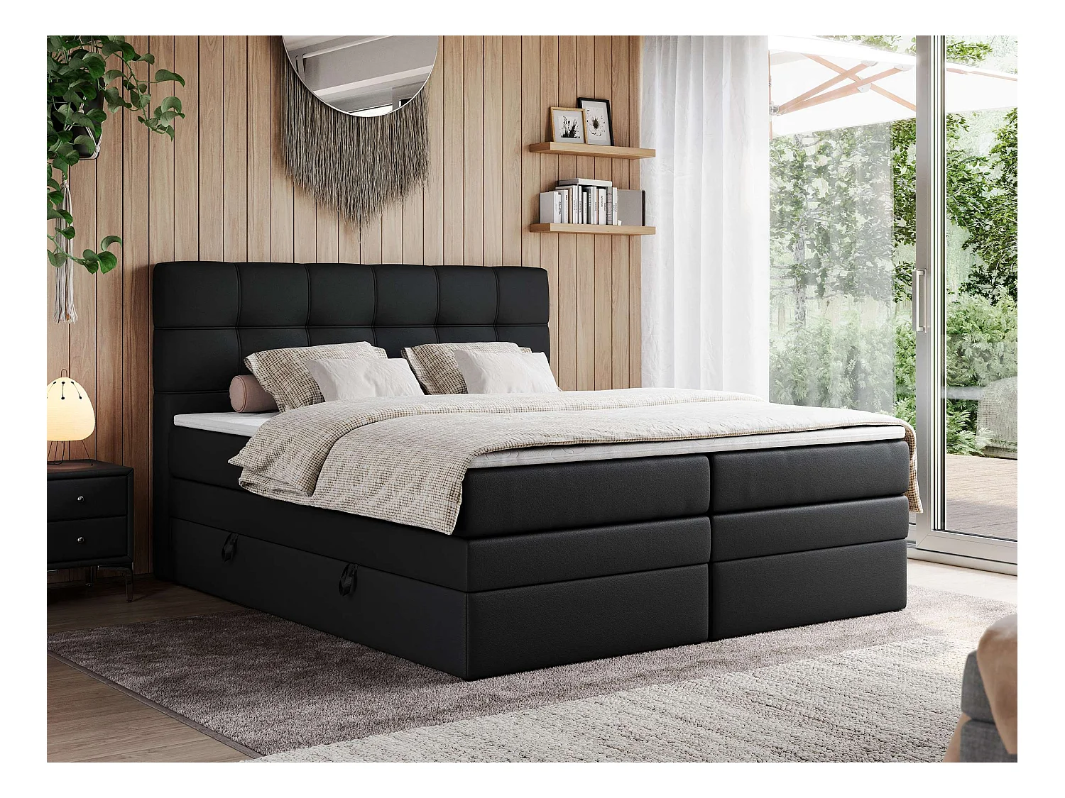 Boxspringbett ERNI KING, gestepptes Kopfteil, zwei Multipocket-Matratze und Topper, mit Stauraum - 200x200 cm - H4 - Schwarz Kunstleder