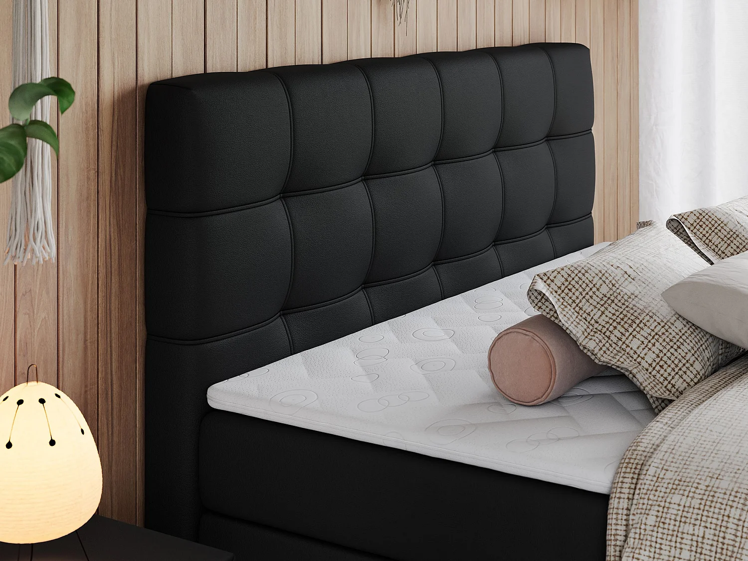 Boxspringbett ERNI KING, gestepptes Kopfteil, zwei Multipocket-Matratze und Topper, mit Stauraum - 200x200 cm - H4 - Schwarz Kunstleder