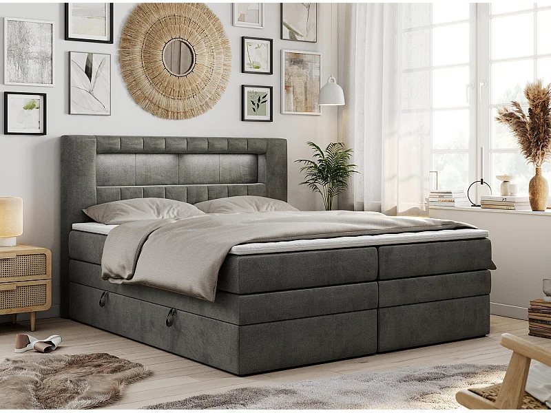 Boxspringbett GOLD 5 KING mit Stauraum, zwei Bettkästen, LED-Beleuchtung, Multipocket-Matratze - 180x200 cm - H4 - Dunkelgrau Velvet