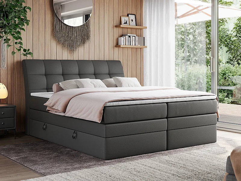 Boxspringbett GOLD 10 KING mit genähtes Kopfteil und Stauraum, zwei Multipocket-Matratze - 160x200 cm - H3 - Dunkelgrau Kunstleder