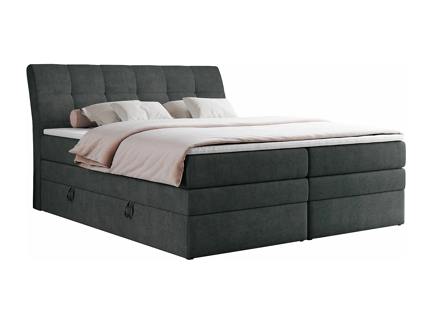Boxspringbett GOLD 10 KING mit genähtes Kopfteil und Stauraum, zwei Multipocket-Matratze - 160x200 cm - H4 - Dunkelgrau Strukture