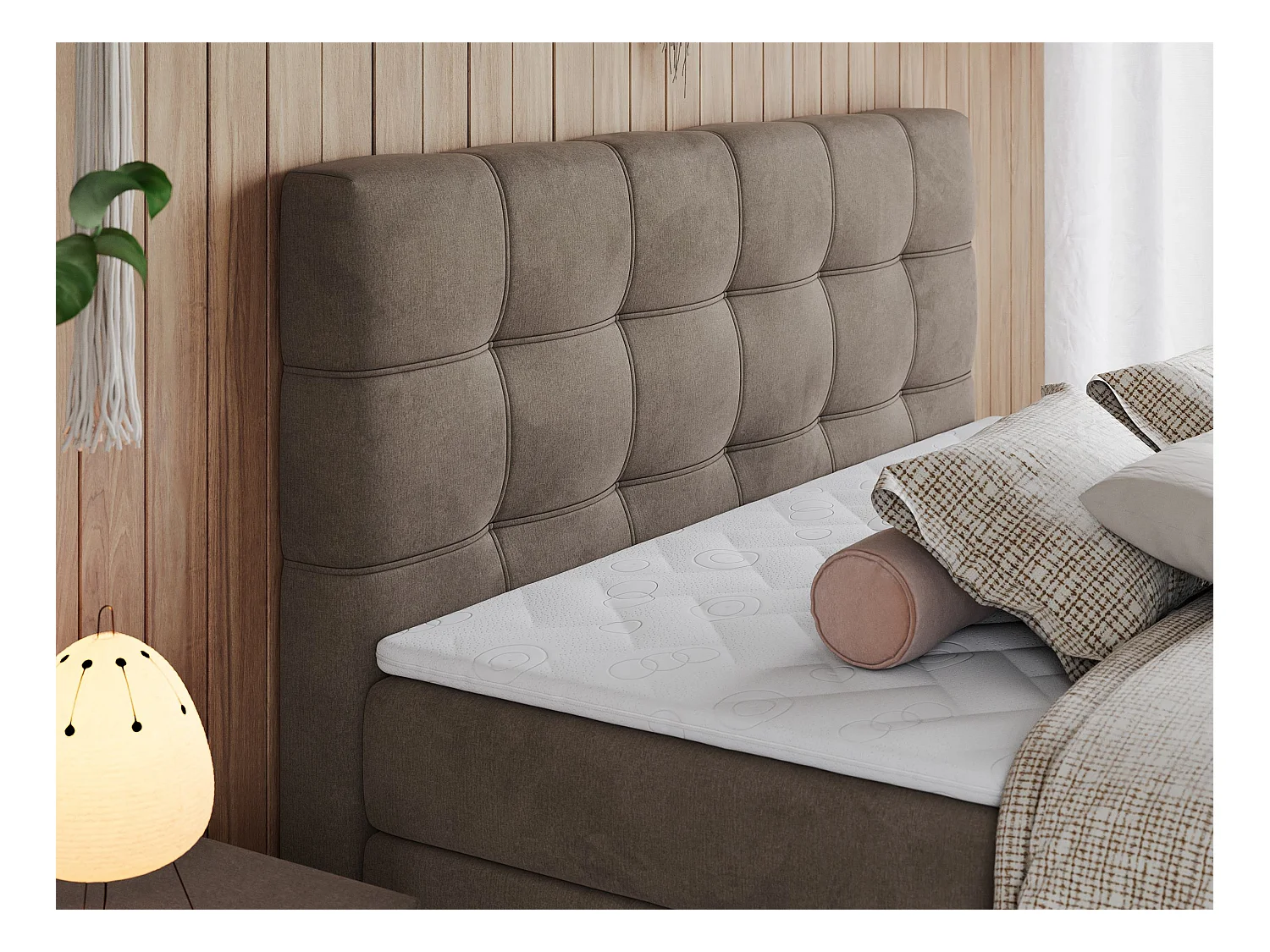 Boxspringbett ERNI KING, gestepptes Kopfteil, zwei Multipocket-Matratze und Topper, mit Stauraum - 160x200 cm - H4 - Braun Velvet