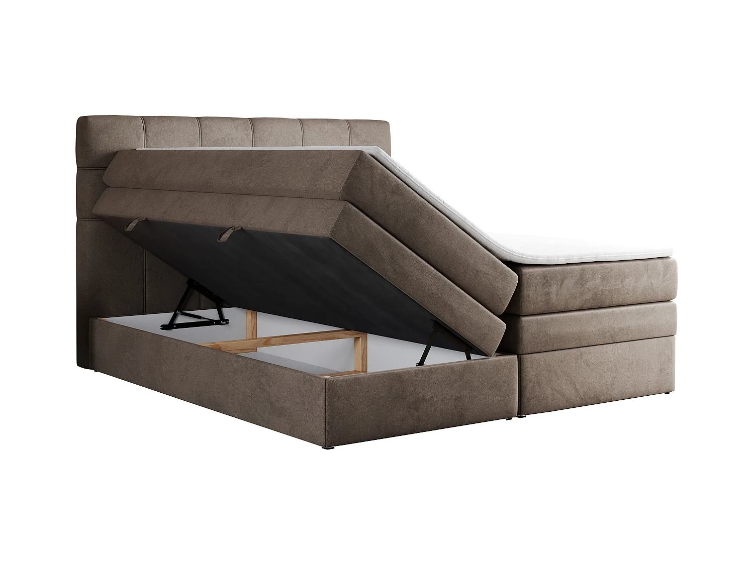 Boxspringbett ERNI KING, gestepptes Kopfteil, zwei Multipocket-Matratze und Topper, mit Stauraum - 160x200 cm - H4 - Braun Velvet
