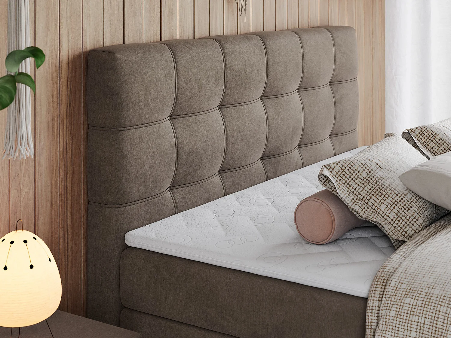 Boxspringbett ERNI KING, gestepptes Kopfteil, zwei Multipocket-Matratze und Topper, mit Stauraum - 160x200 cm - H4 - Braun Velvet