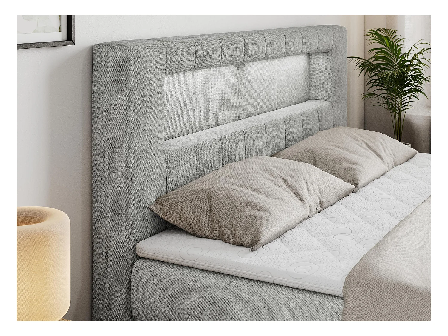 Boxspringbett GOLD 5 KING mit Stauraum, zwei Bettkästen, LED-Beleuchtung, Multipocket-Matratze - 200x200 cm - H4 - Hellgrau Strukture