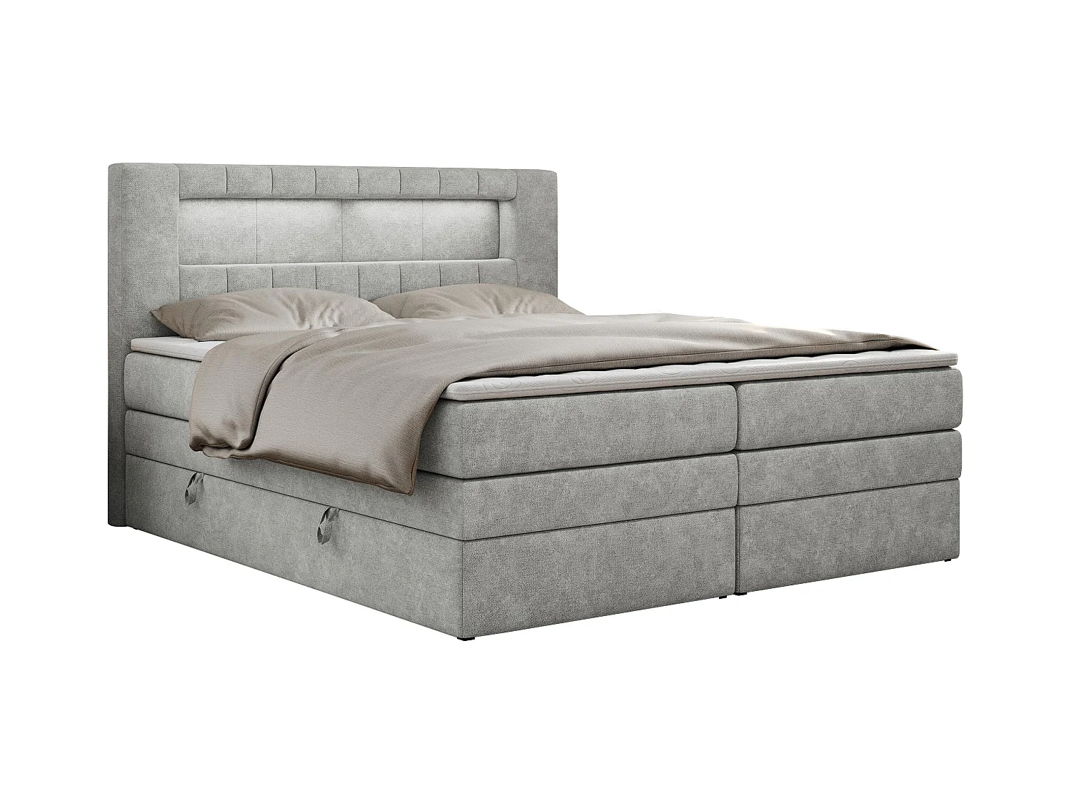 Boxspringbett GOLD 5 KING mit Stauraum, zwei Bettkästen, LED-Beleuchtung, Multipocket-Matratze - 200x200 cm - H4 - Hellgrau Strukture