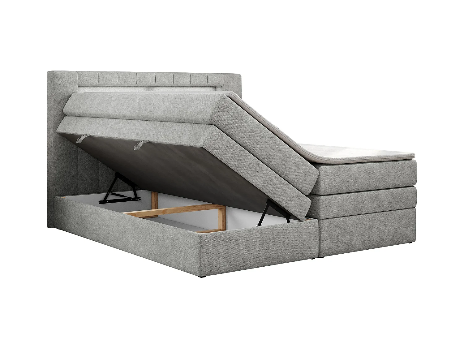 Boxspringbett GOLD 5 KING mit Stauraum, zwei Bettkästen, LED-Beleuchtung, Multipocket-Matratze - 200x200 cm - H4 - Hellgrau Strukture