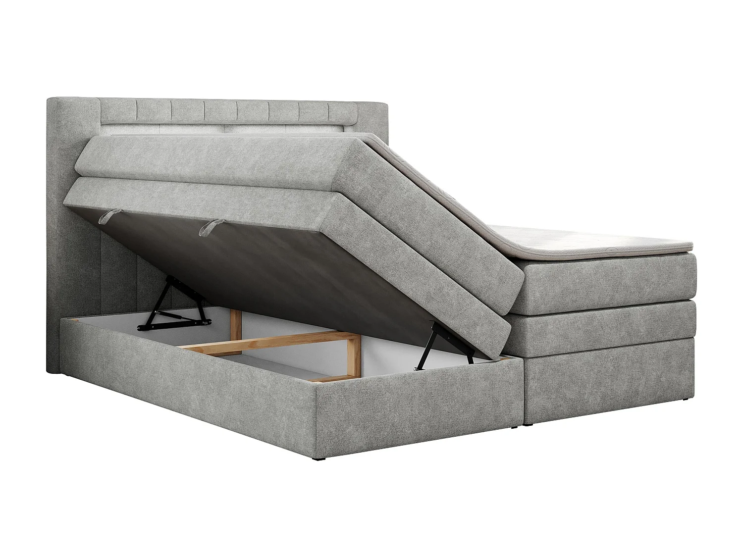 Boxspringbett GOLD 5 KING mit Stauraum, zwei Bettkästen, LED-Beleuchtung, Multipocket-Matratze - 200x200 cm - H4 - Hellgrau Strukture