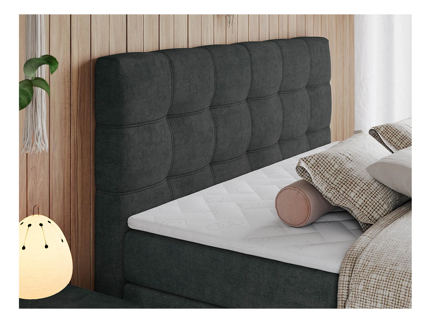 Boxspringbett ERNI KING, gestepptes Kopfteil, zwei Multipocket-Matratze und Topper, mit Stauraum - 200x200 cm - H4 - Dunkelgrau Strukture