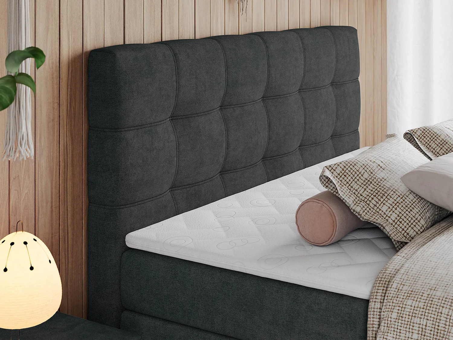 Boxspringbett ERNI KING, gestepptes Kopfteil, zwei Multipocket-Matratze und Topper, mit Stauraum - 200x200 cm - H4 - Dunkelgrau Strukture