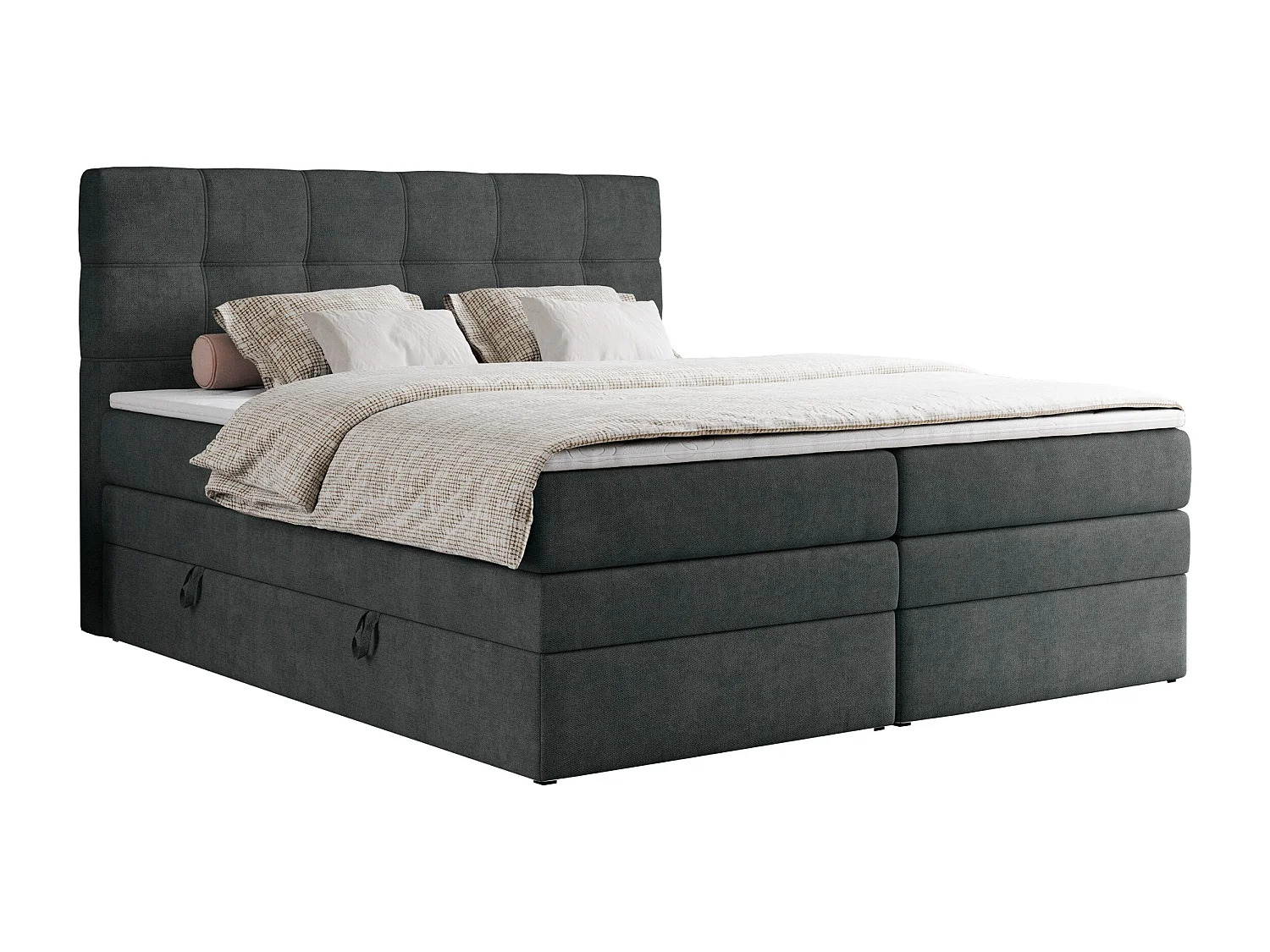 Boxspringbett ERNI KING, gestepptes Kopfteil, zwei Multipocket-Matratze und Topper, mit Stauraum - 200x200 cm - H4 - Dunkelgrau Strukture