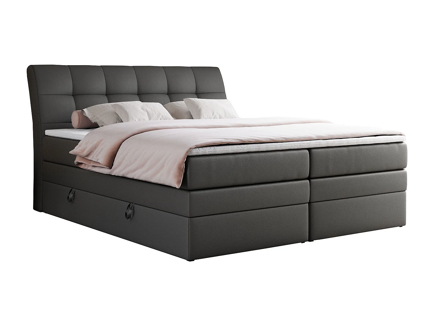 Boxspringbett GOLD 10 KING mit genähtes Kopfteil und Stauraum, zwei Multipocket-Matratze - 160x200 cm - H4 - Dunkelgrau Kunstleder