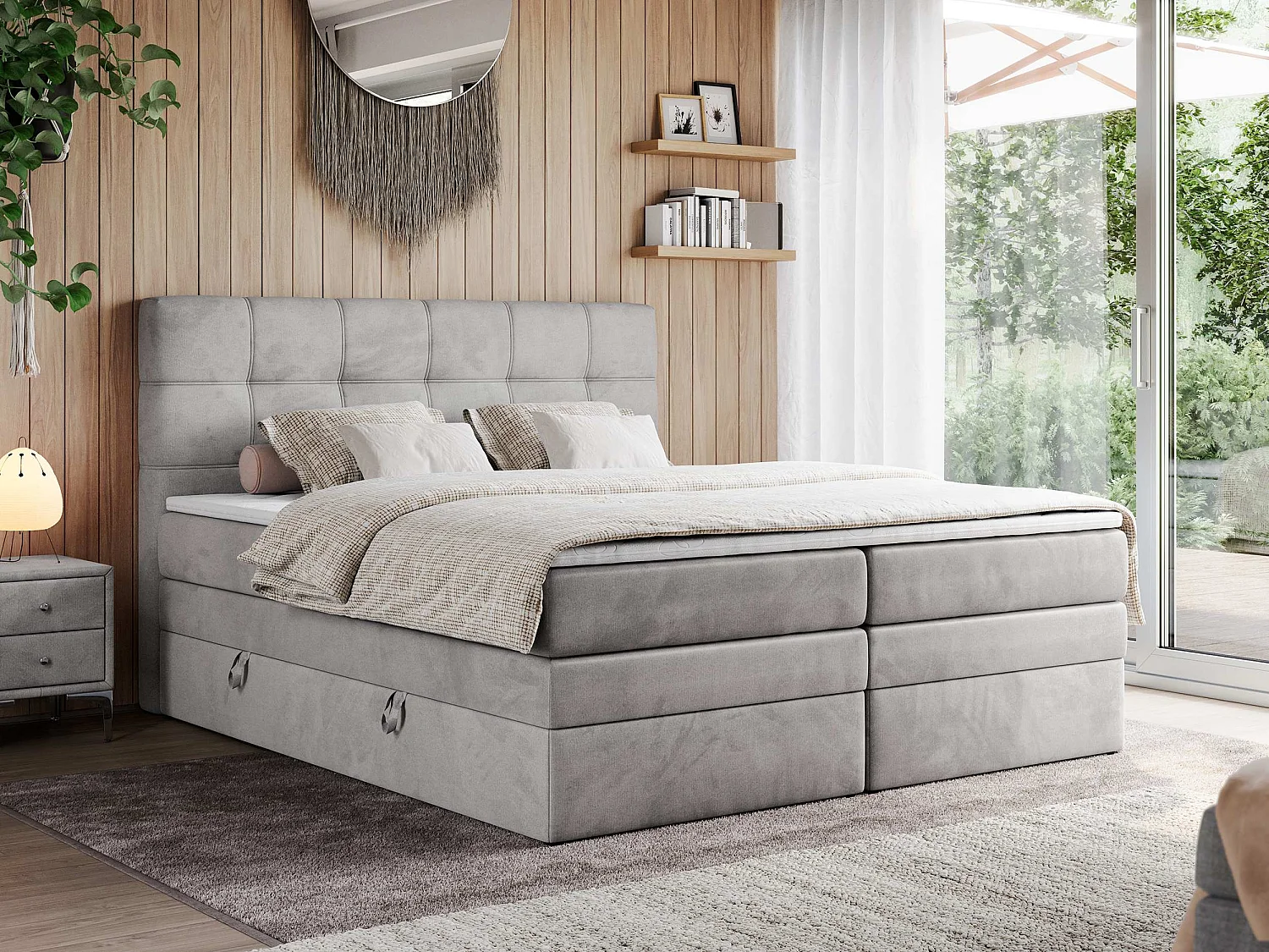 Boxspringbett ERNI KING, gestepptes Kopfteil, zwei Multipocket-Matratze und Topper, mit Stauraum - 180x200 cm - H4 - Hellgrau Velvet