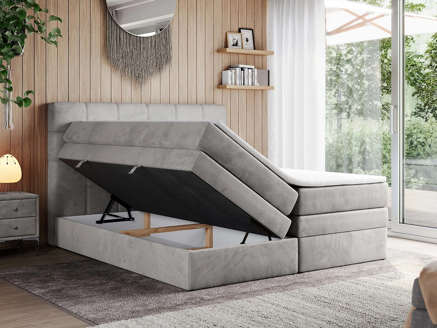 Boxspringbett ERNI KING, gestepptes Kopfteil, zwei Multipocket-Matratze und Topper, mit Stauraum - 180x200 cm - H4 - Hellgrau Velvet