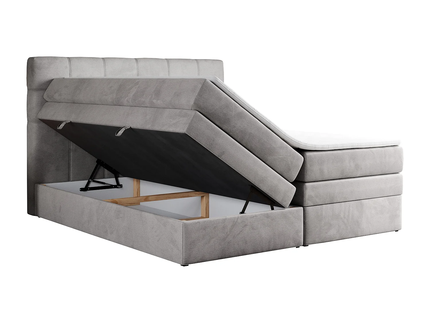 Boxspringbett ERNI KING, gestepptes Kopfteil, zwei Multipocket-Matratze und Topper, mit Stauraum - 180x200 cm - H4 - Hellgrau Velvet