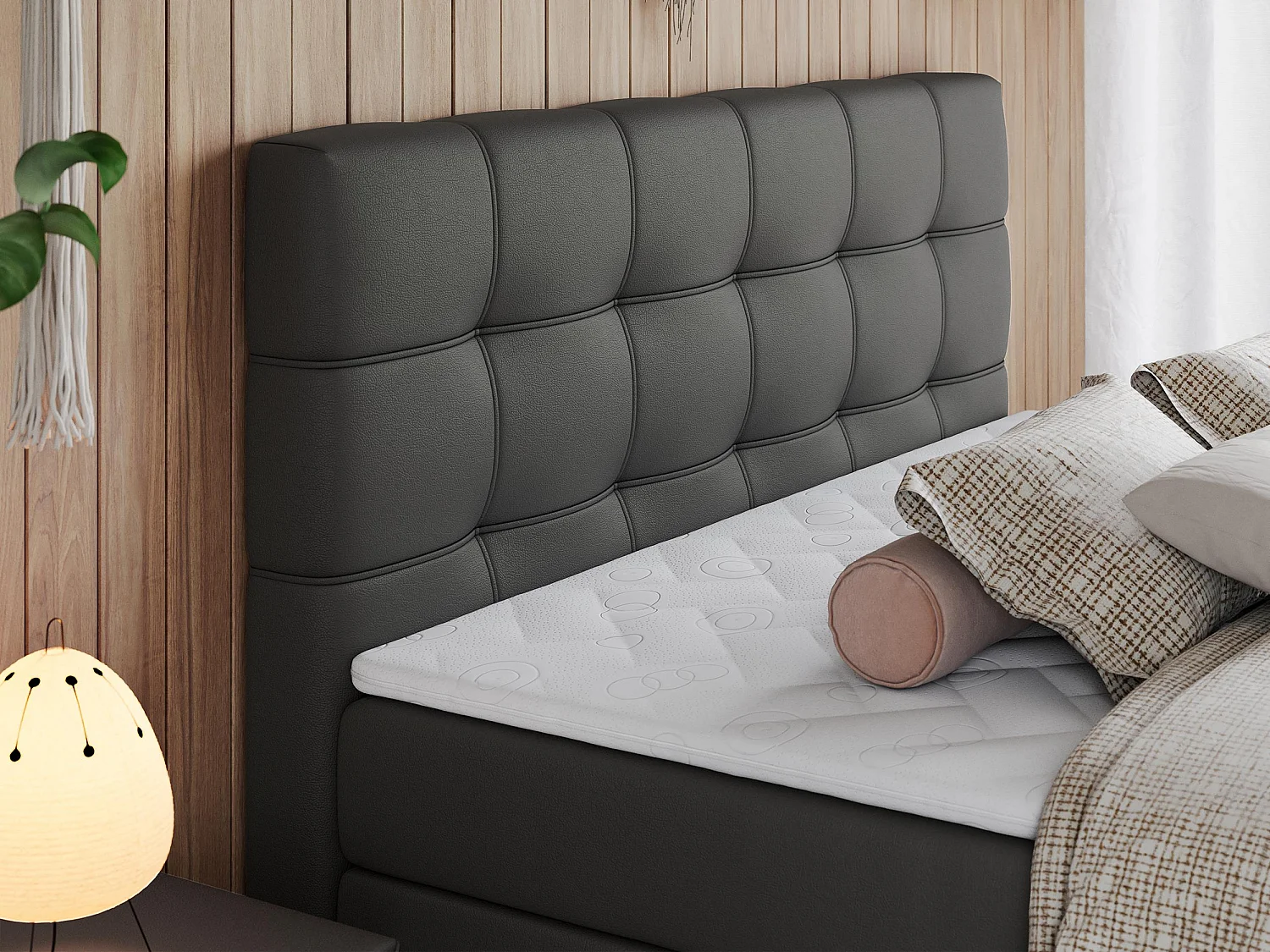 Boxspringbett ERNI KING, gestepptes Kopfteil, zwei Multipocket-Matratze und Topper, mit Stauraum - 160x200 cm - H3 - Dunkelgrau Kunstleder