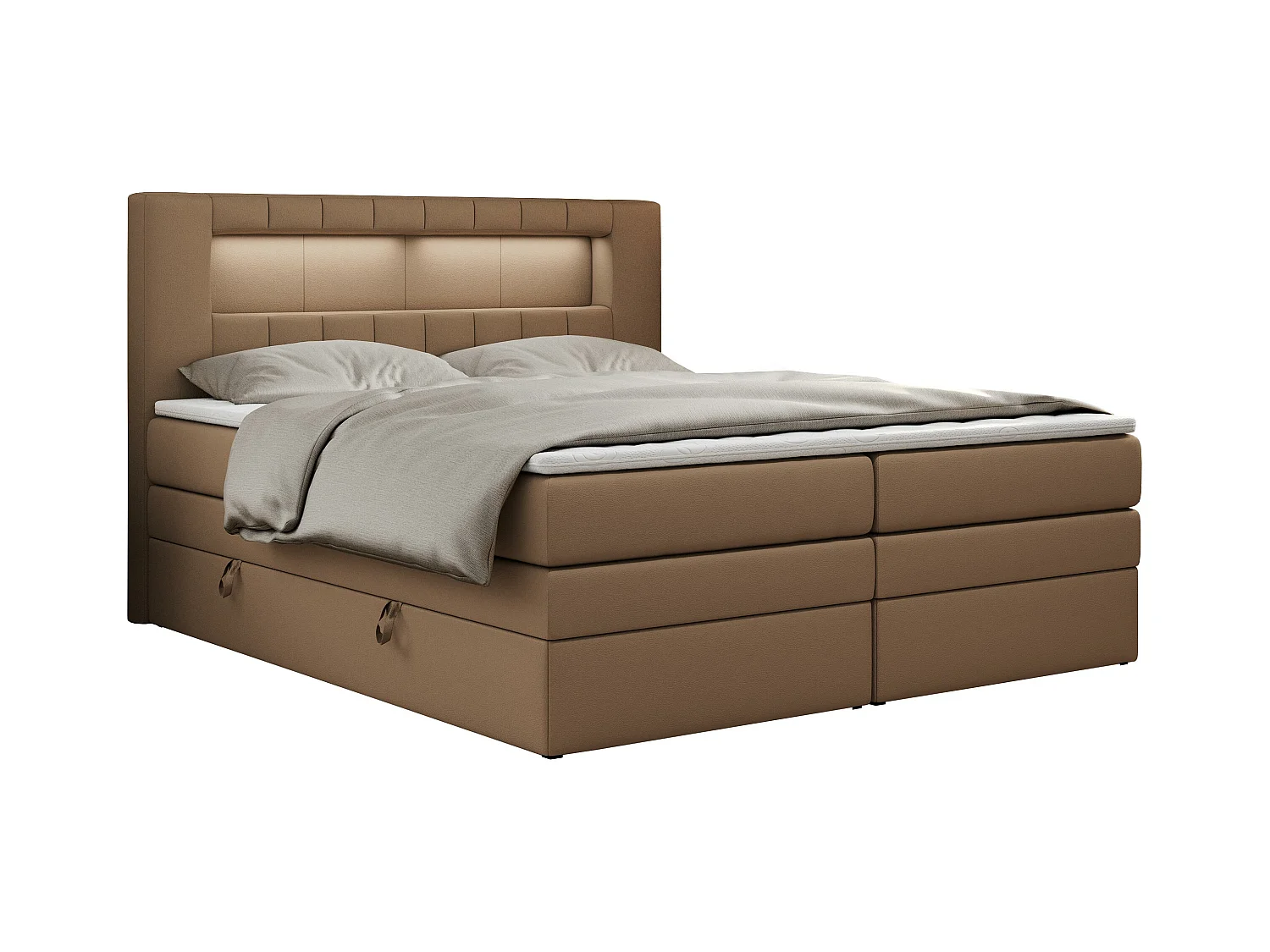 Boxspringbett GOLD 5 KING mit Stauraum, zwei Bettkästen, LED-Beleuchtung, Multipocket-Matratze - 120x200 cm - H4 - Braun Kunstleder