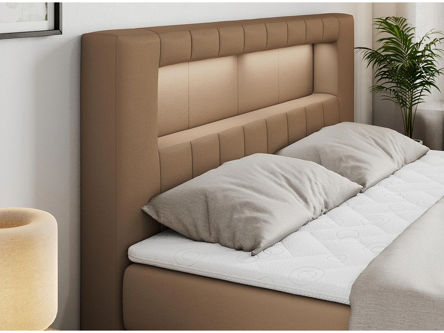 Boxspringbett GOLD 5 KING mit Stauraum, zwei Bettkästen, LED-Beleuchtung, Multipocket-Matratze - 120x200 cm - H4 - Braun Kunstleder