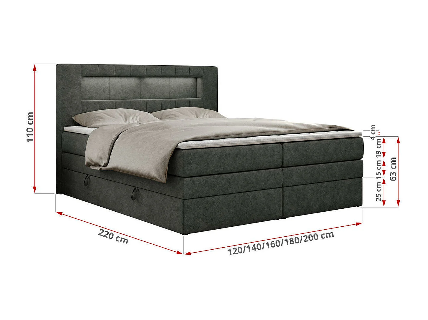 Boxspringbett GOLD 5 KING mit Stauraum, zwei Bettkästen, LED-Beleuchtung, Multipocket-Matratze - 120x200 cm - H3 - Dunkelgrau Strukture