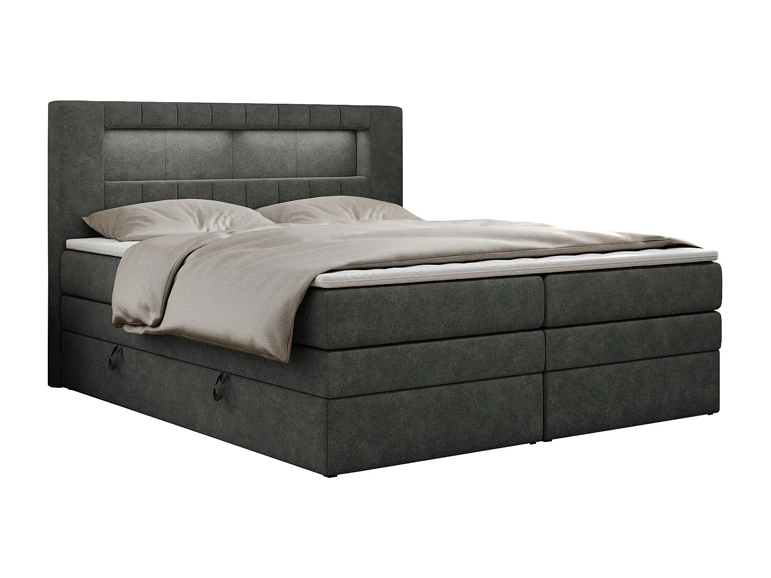Boxspringbett GOLD 5 KING mit Stauraum, zwei Bettkästen, LED-Beleuchtung, Multipocket-Matratze - 120x200 cm - H3 - Dunkelgrau Strukture
