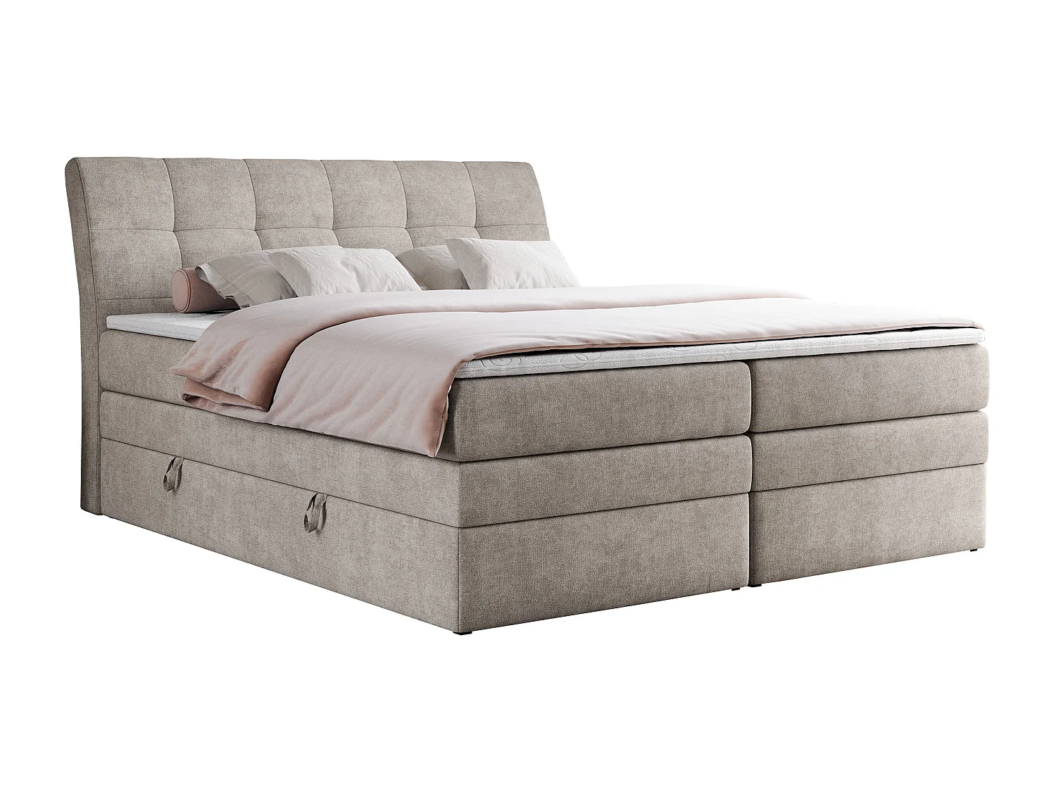 Boxspringbett GOLD 10 KING mit genähtes Kopfteil und Stauraum, zwei Multipocket-Matratze - 180x200 cm - H4 - Beige Strukture