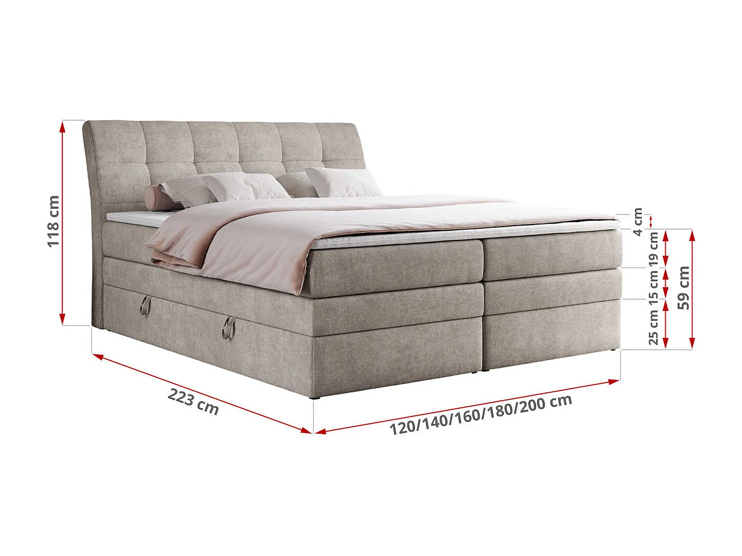 Boxspringbett GOLD 10 KING mit genähtes Kopfteil und Stauraum, zwei Multipocket-Matratze - 180x200 cm - H4 - Beige Strukture