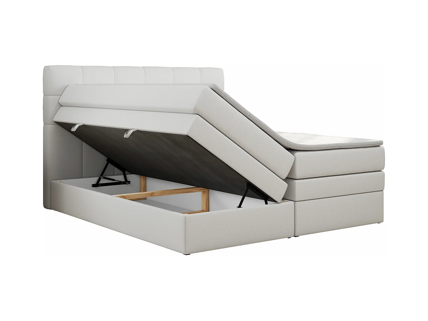 Boxspringbett LUKA KING, mit gestepptem Kopfteil, zwei Bettkästen, Multipocket-Matratze und Topper - 180x200 cm - H3 - Weiß Kunstleder