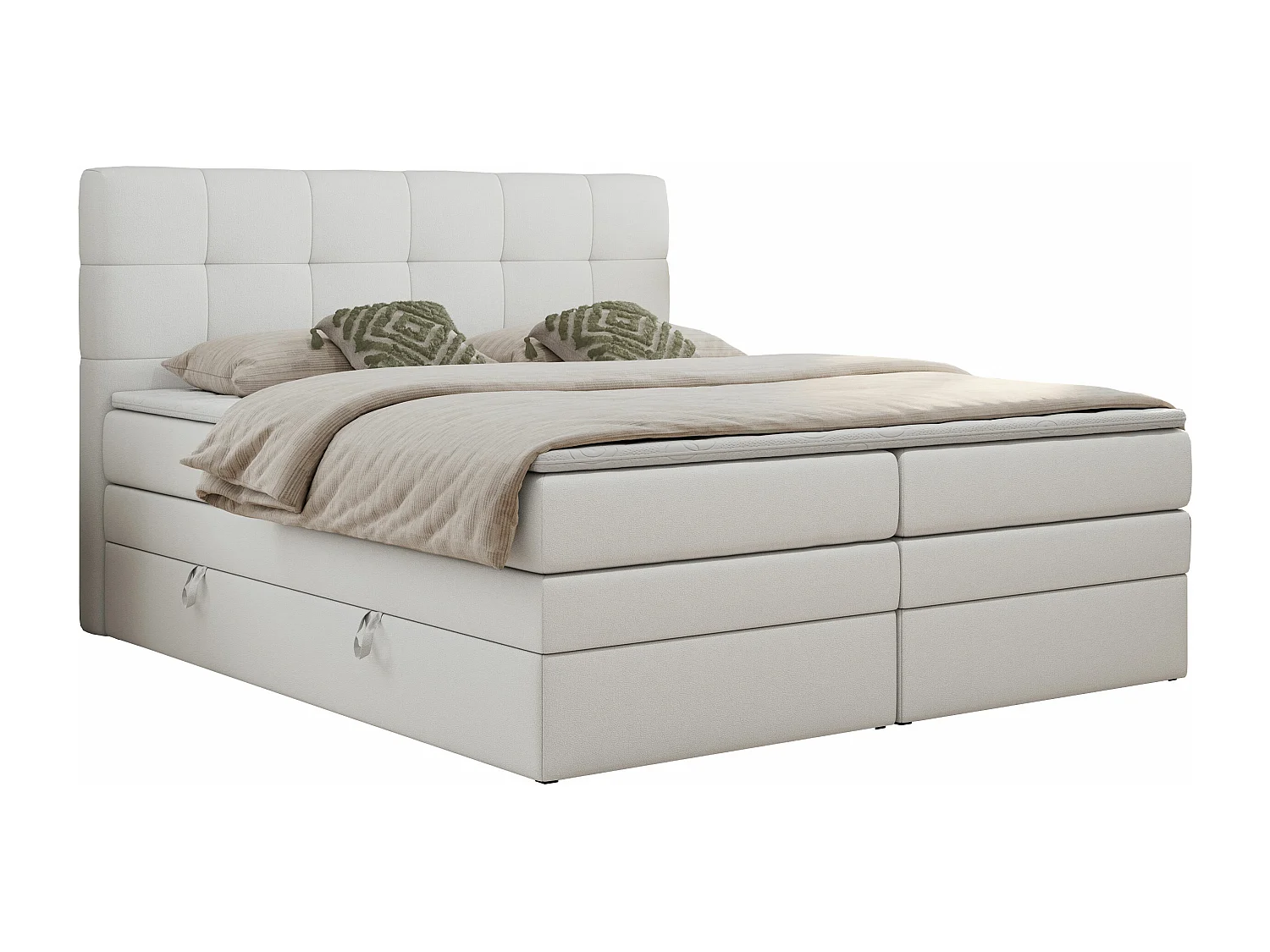 Boxspringbett LUKA KING, mit gestepptem Kopfteil, zwei Bettkästen, Multipocket-Matratze und Topper - 180x200 cm - H3 - Weiß Kunstleder