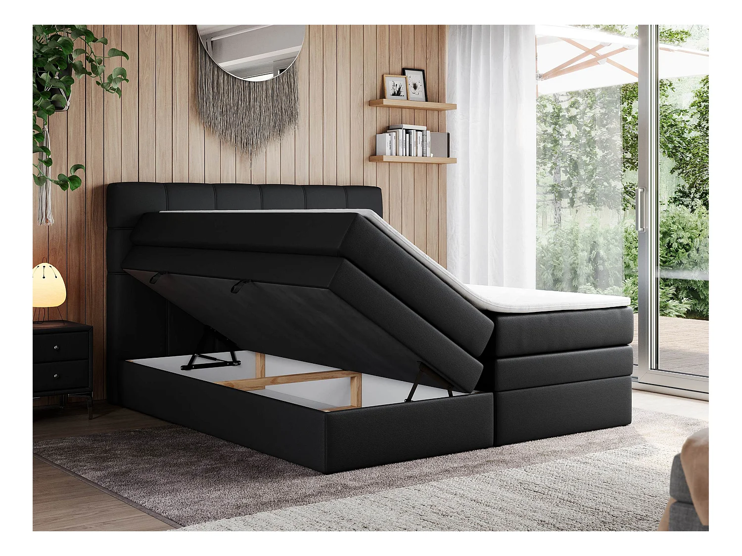 Boxspringbett ERNI KING, gestepptes Kopfteil, zwei Multipocket-Matratze und Topper, mit Stauraum - 140x200 cm - H3 - Schwarz Kunstleder