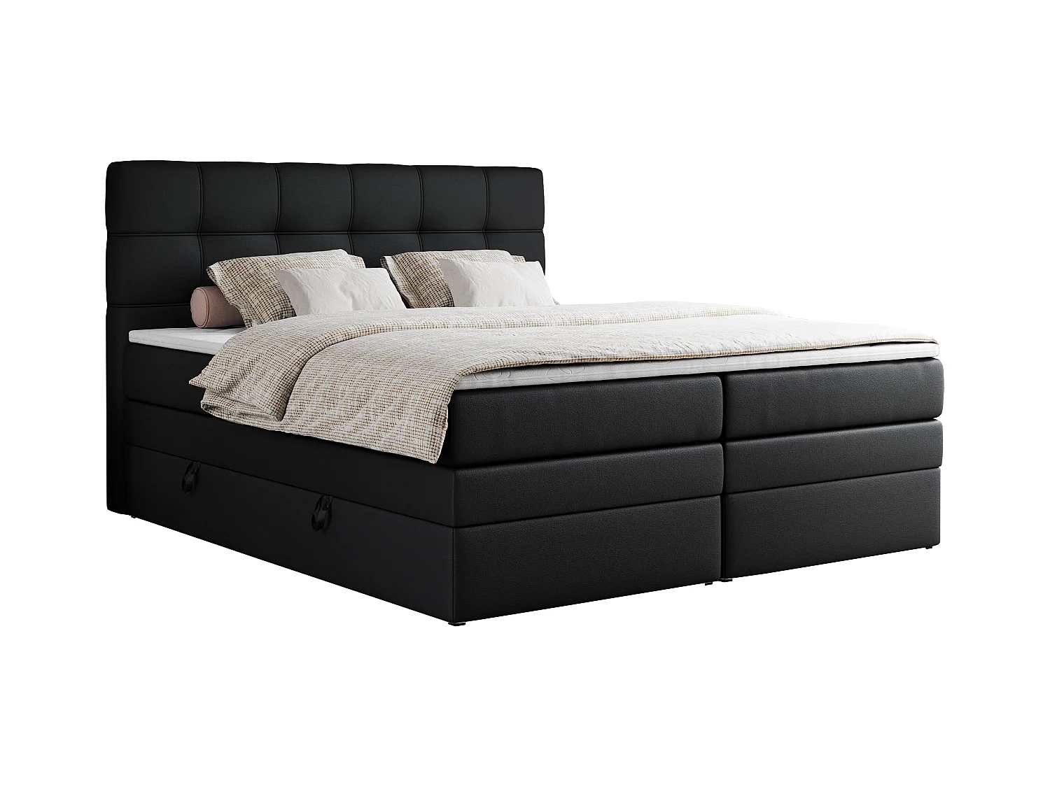 Boxspringbett ERNI KING, gestepptes Kopfteil, zwei Multipocket-Matratze und Topper, mit Stauraum - 140x200 cm - H3 - Schwarz Kunstleder