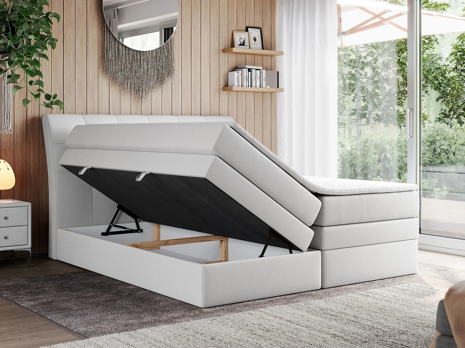 Boxspringbett GOLD 10 KING mit genähtes Kopfteil und Stauraum, zwei Multipocket-Matratze - 140x200 cm - H4 - Weiß Kunstleder