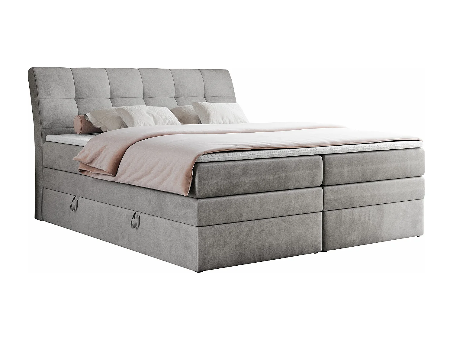 Boxspringbett GOLD 10 KING mit genähtes Kopfteil und Stauraum, zwei Multipocket-Matratze - 200x200 cm - H4 - Hellgrau Velvet