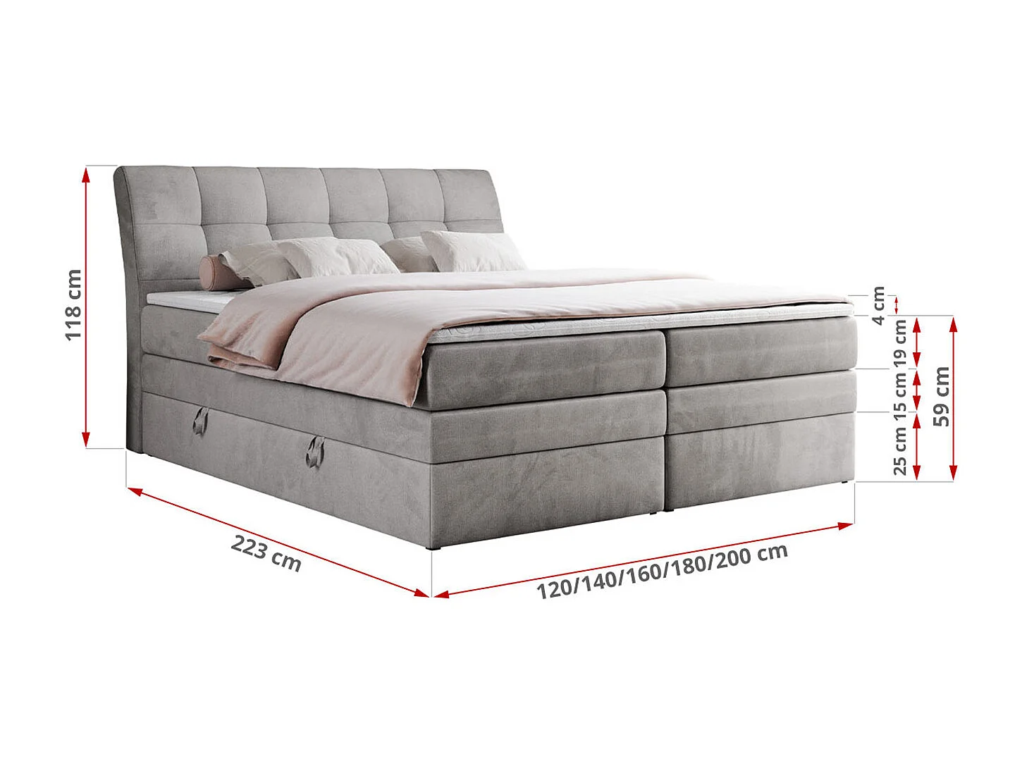 Boxspringbett GOLD 10 KING mit genähtes Kopfteil und Stauraum, zwei Multipocket-Matratze - 200x200 cm - H4 - Hellgrau Velvet