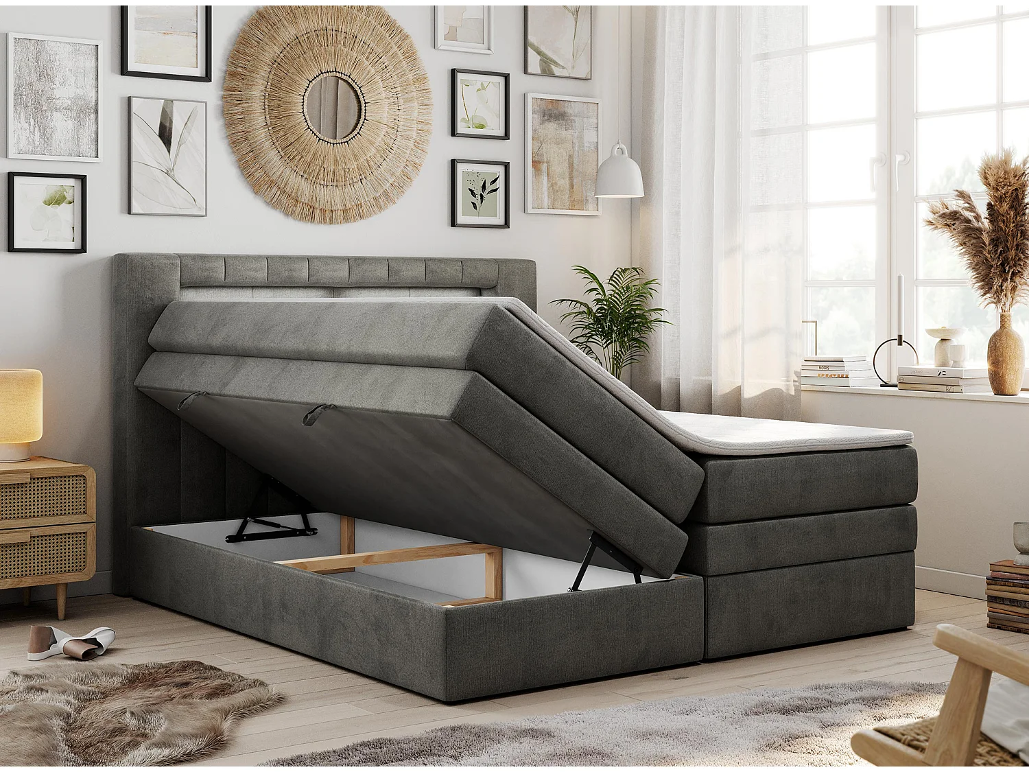 Boxspringbett GOLD 5 KING mit Stauraum, zwei Bettkästen, LED-Beleuchtung, Multipocket-Matratze - 160x200 cm - H4 - Dunkelgrau Velvet