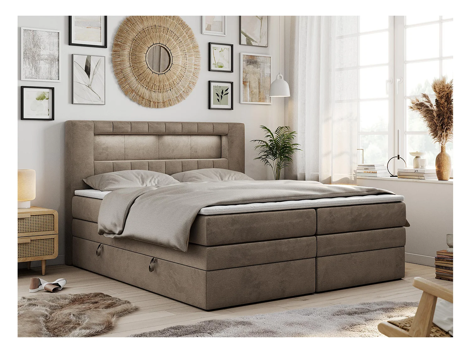 Boxspringbett GOLD 5 KING mit Stauraum, zwei Bettkästen, LED-Beleuchtung, Multipocket-Matratze - 200x200 cm - H3 - Braun Velvet