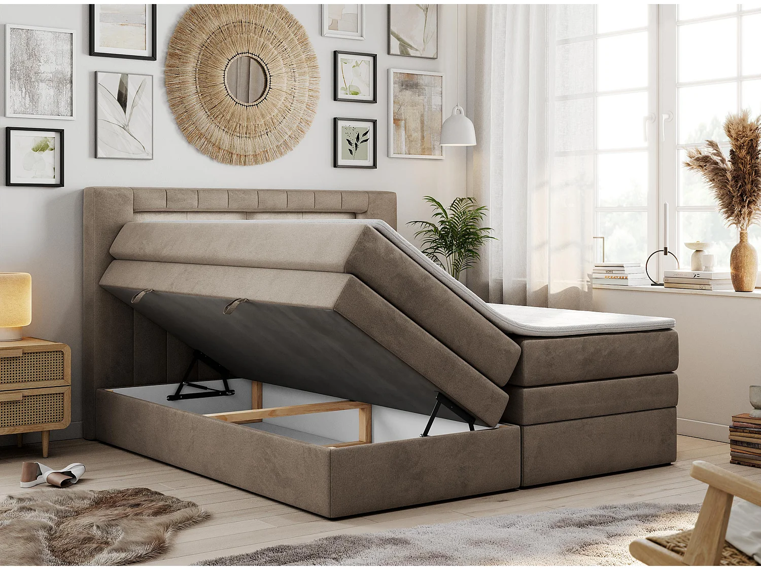 Boxspringbett GOLD 5 KING mit Stauraum, zwei Bettkästen, LED-Beleuchtung, Multipocket-Matratze - 200x200 cm - H3 - Braun Velvet