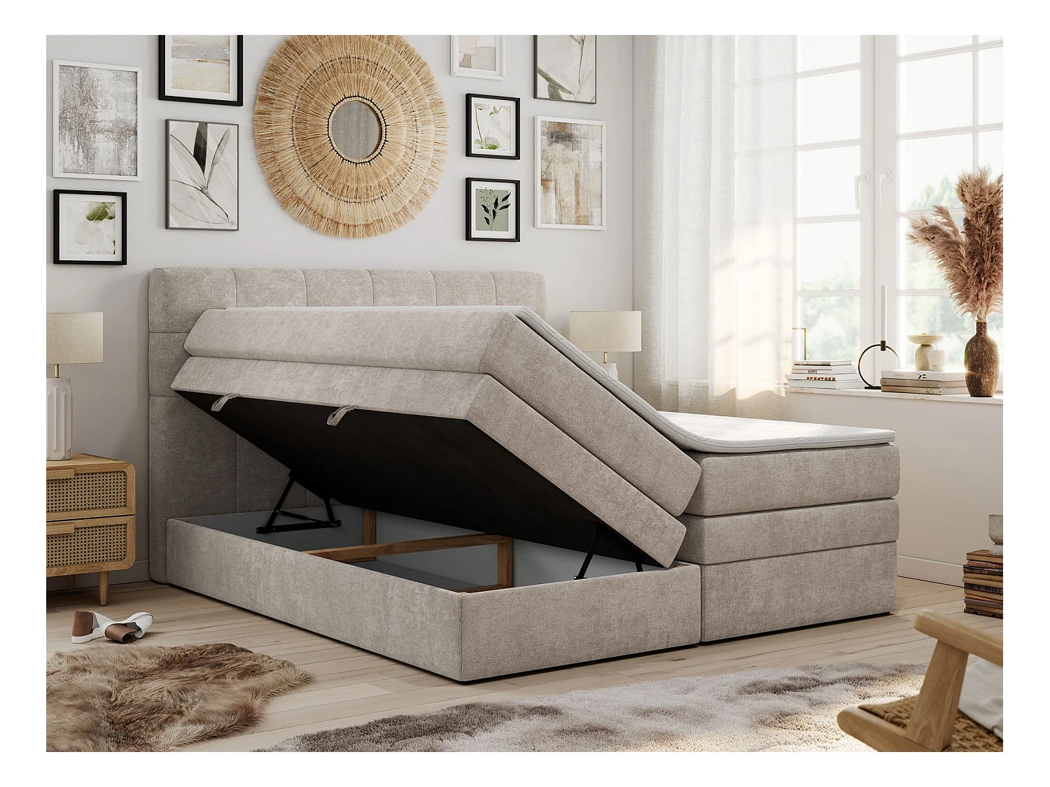 Boxspringbett LUKA KING, mit gestepptem Kopfteil, zwei Bettkästen, Multipocket-Matratze und Topper - 160x200 cm - H3 - Beige Strukture