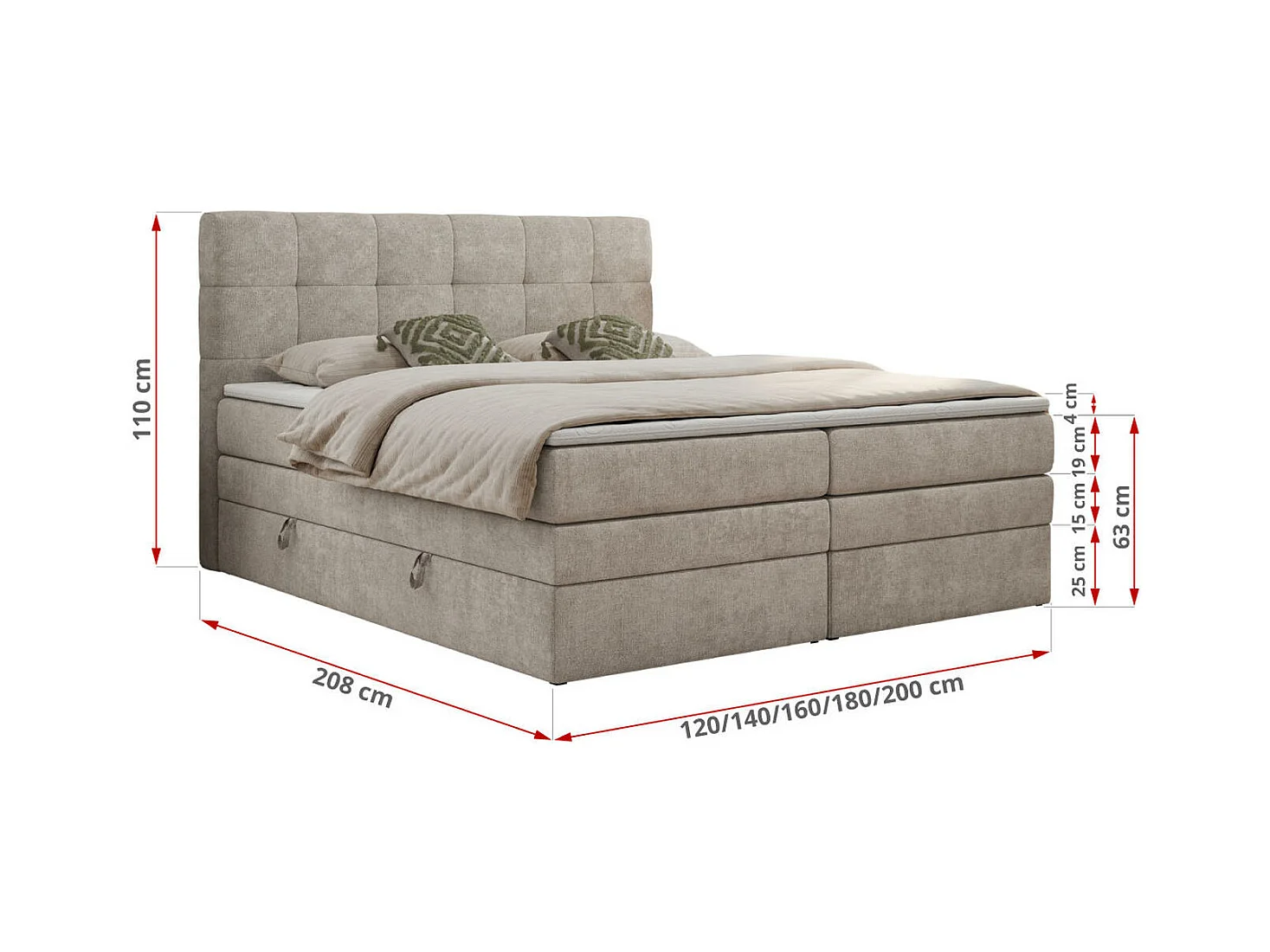 Boxspringbett LUKA KING, mit gestepptem Kopfteil, zwei Bettkästen, Multipocket-Matratze und Topper - 160x200 cm - H3 - Beige Strukture