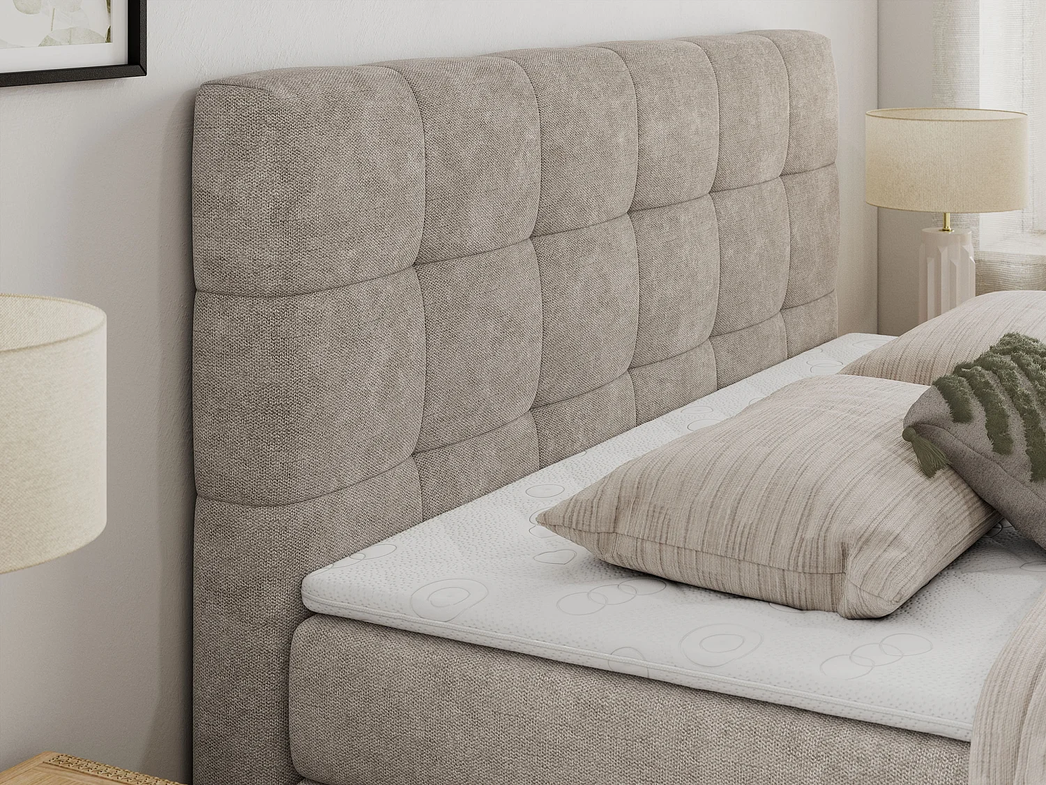 Boxspringbett LUKA KING, mit gestepptem Kopfteil, zwei Bettkästen, Multipocket-Matratze und Topper - 160x200 cm - H3 - Beige Strukture