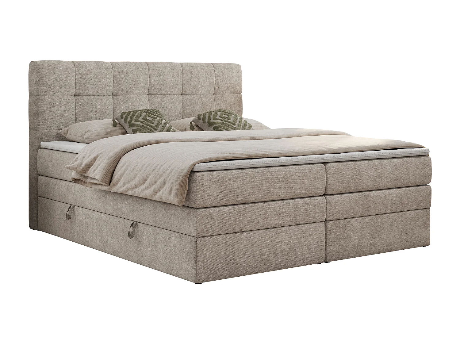 Boxspringbett LUKA KING, mit gestepptem Kopfteil, zwei Bettkästen, Multipocket-Matratze und Topper - 160x200 cm - H3 - Beige Strukture