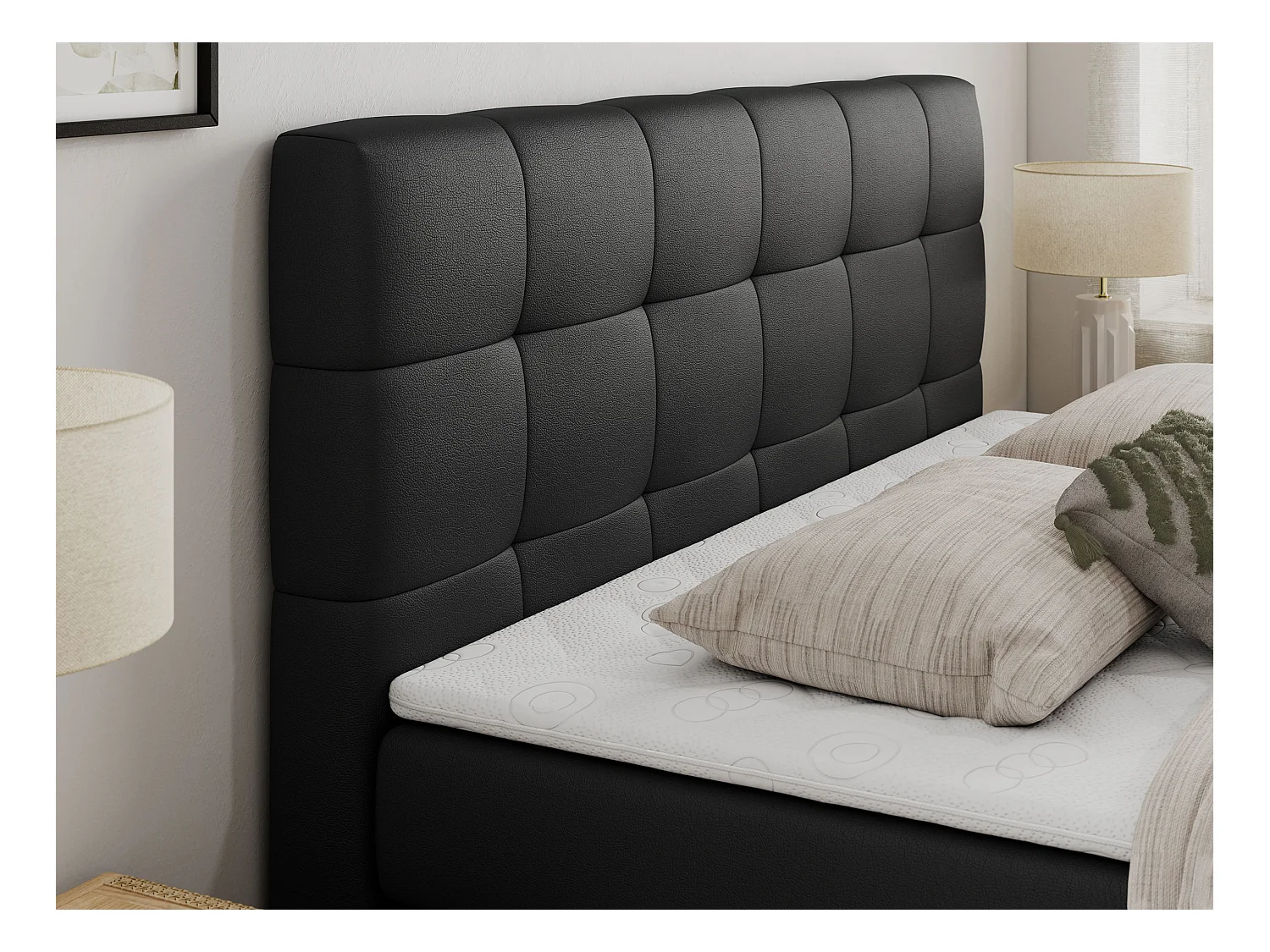 Boxspringbett LUKA KING, mit gestepptem Kopfteil, zwei Bettkästen, Multipocket-Matratze und Topper - 140x200 cm - H3 - Schwarz Kunstleder