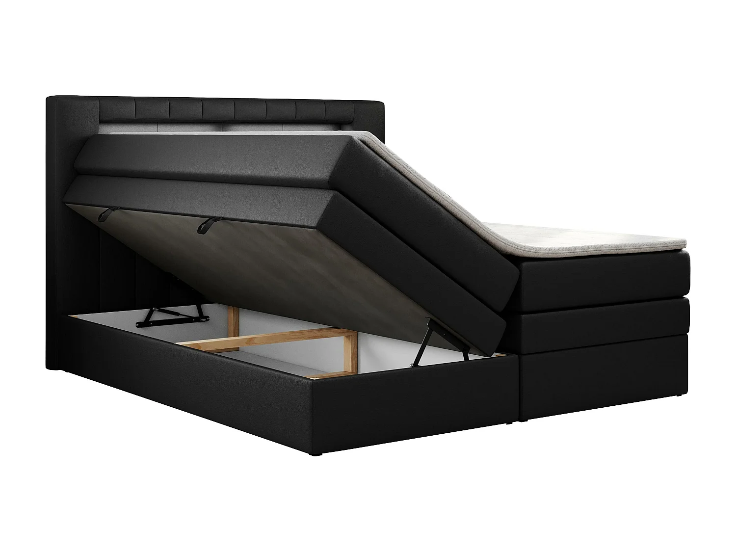 Boxspringbett GOLD 5 KING mit Stauraum, zwei Bettkästen, LED-Beleuchtung, Multipocket-Matratze - 200x200 cm - H4 - Schwarz Kunstleder