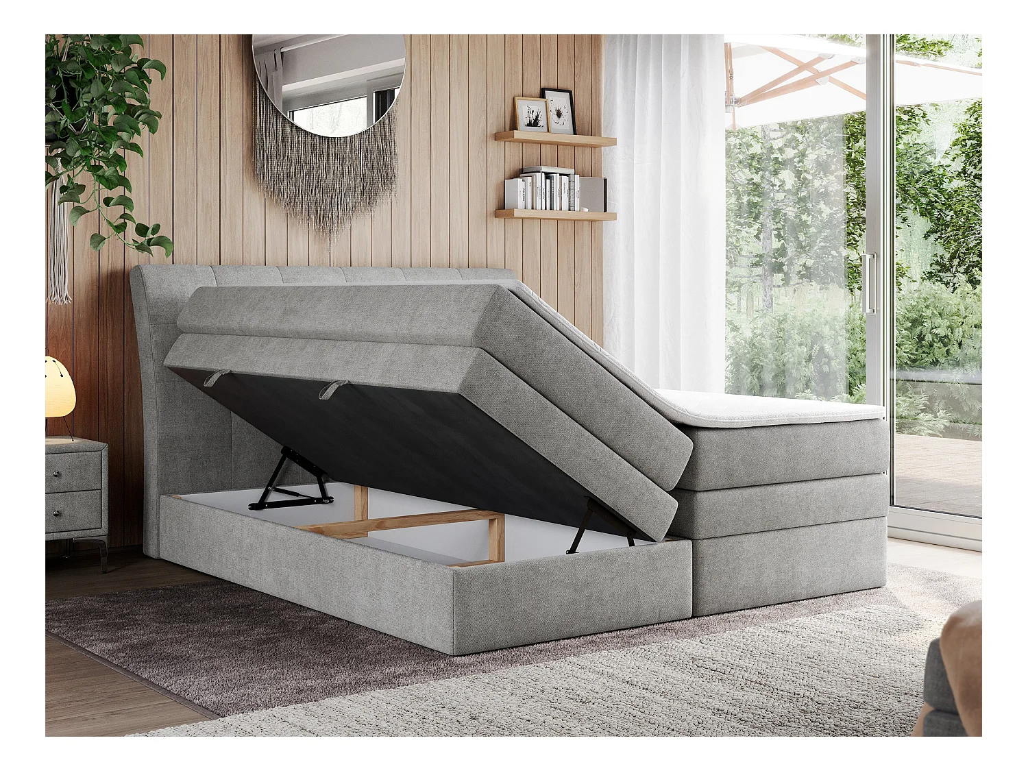 Boxspringbett GOLD 10 KING mit genähtes Kopfteil und Stauraum, zwei Multipocket-Matratze - 180x200 cm - H3 - Hellgrau Strukture