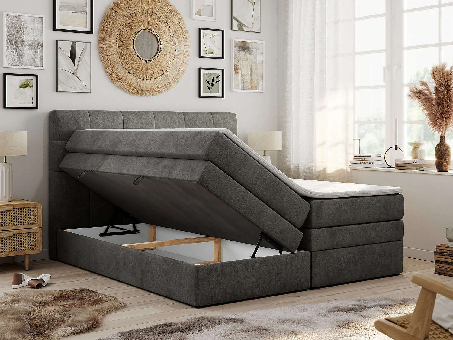 Boxspringbett LUKA KING, mit gestepptem Kopfteil, zwei Bettkästen, Multipocket-Matratze und Topper - 180x200 cm - H3 - Dunkelgrau Velvet