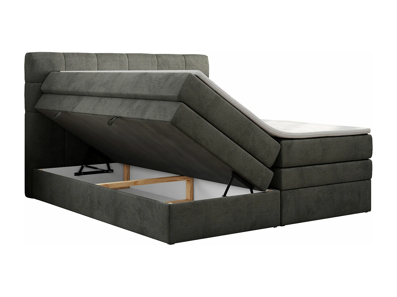 Boxspringbett LUKA KING, mit gestepptem Kopfteil, zwei Bettkästen, Multipocket-Matratze und Topper - 180x200 cm - H3 - Dunkelgrau Velvet