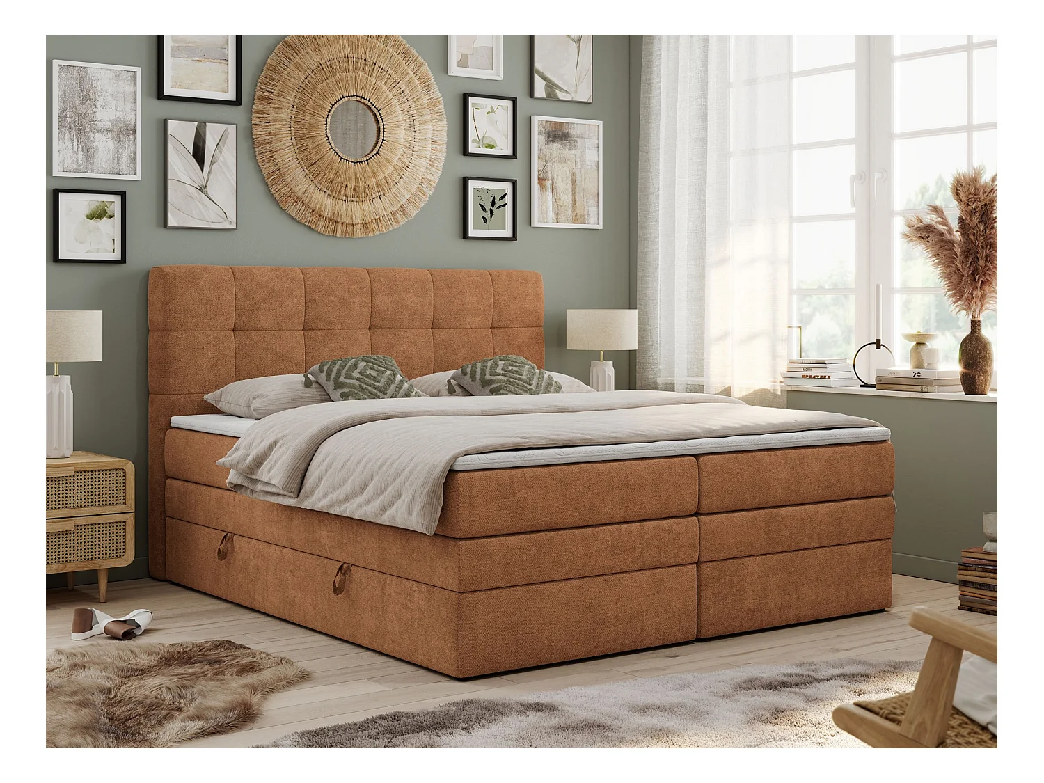 Boxspringbett LUKA KING, mit gestepptem Kopfteil, zwei Bettkästen, Multipocket-Matratze und Topper - 160x200 cm - H3 - Orange Strukture