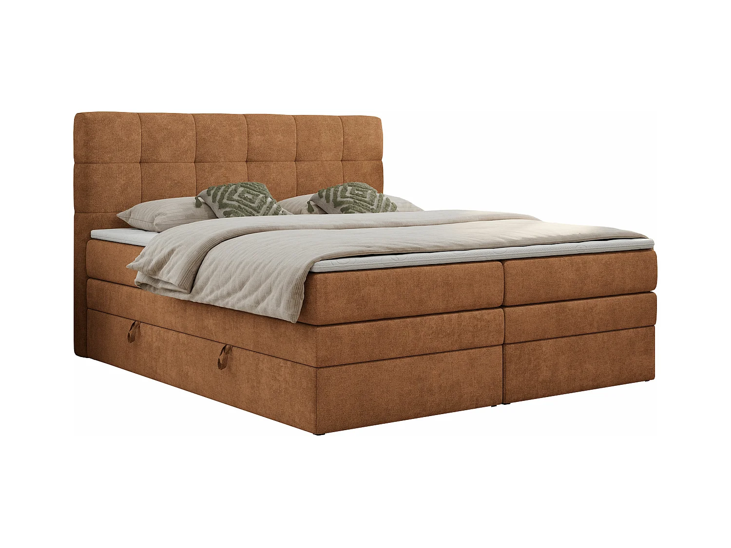 Boxspringbett LUKA KING, mit gestepptem Kopfteil, zwei Bettkästen, Multipocket-Matratze und Topper - 160x200 cm - H3 - Orange Strukture