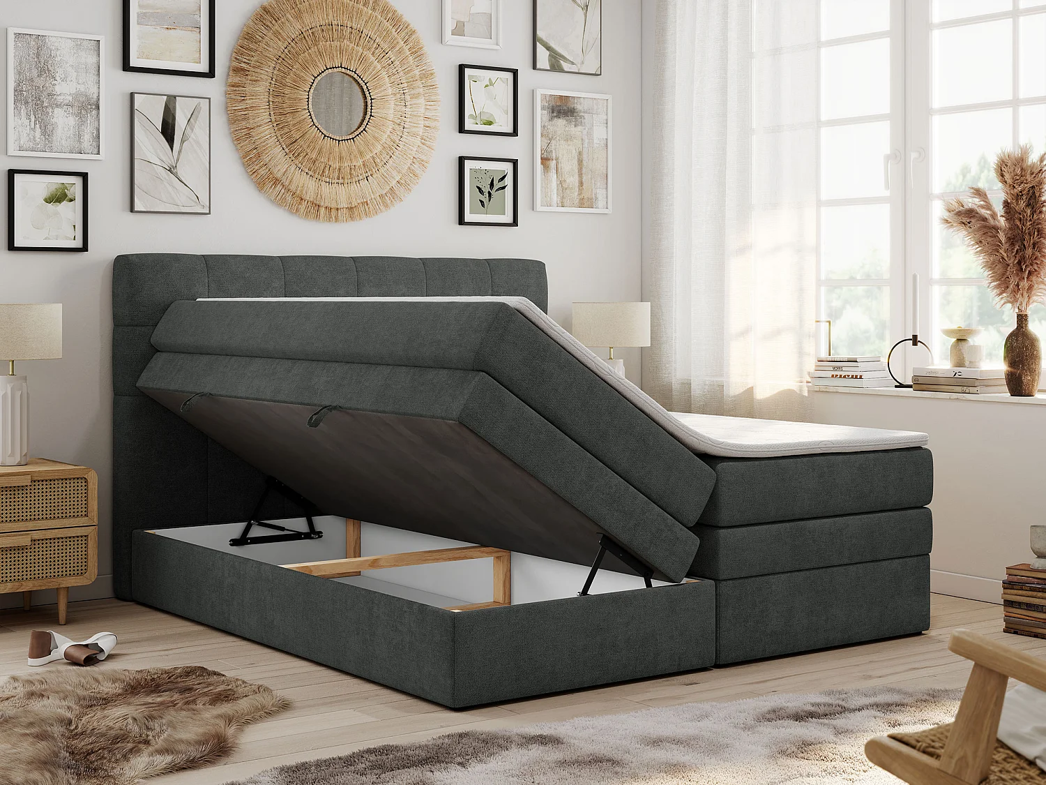 Boxspringbett LUKA KING, mit gestepptem Kopfteil, zwei Bettkästen, Multipocket-Matratze und Topper - 160x200 cm - H4 - Dunkelgrau Strukture